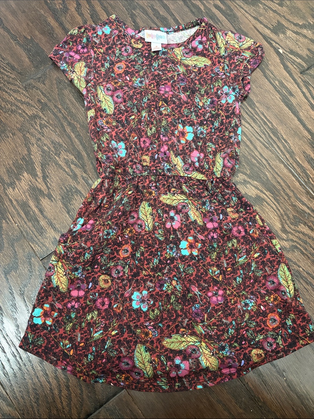 LuLaRoe Girls Burgundy Floral Short Sleeve Dress with Aqua & Yellow Accents size